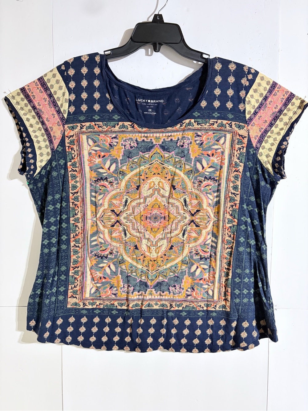 Lucky Brand Navy Floral Medallion Short Sleeve Tee with Pastel Accents